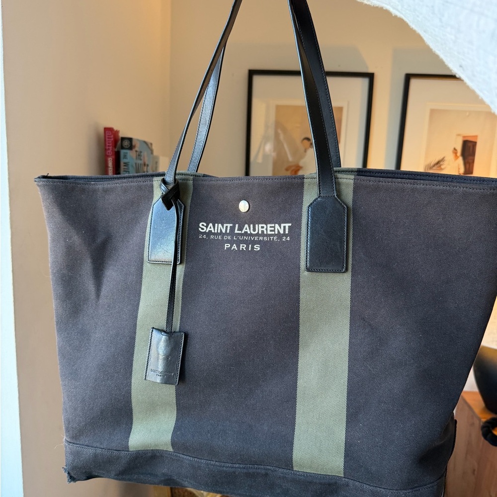 Saint Laurent Black Canvas Tote with Olive Green Stripes